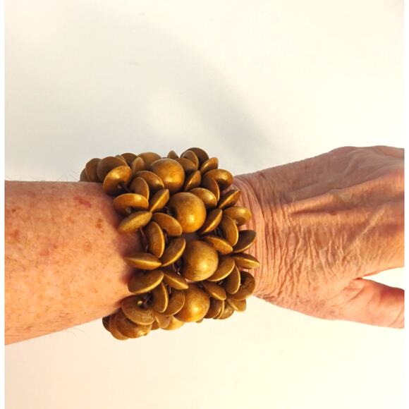 Vintage 90s Chunky Wood Look Beads Stretch Bracelet 2 3/8" wide - Picture 5 of 5